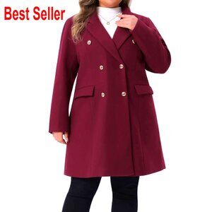 Plus Size Winter Pea Coat Double Breasted Notch Lapel Long Trench Elegant